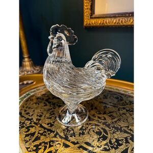 Vintage Crystal Rooster Candy Dish with Lid – Clear Pedestal Covered Bowl 8"
